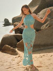 Anewsta 性感度假优雅镂空花卉钩针露背透明无袖夏季女士沙滩罩衫