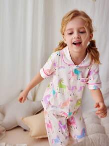 Set de 2 piezas de pijama para bebé niña con parte superior de manga corta y pantalones con estampado lindo y dulce de poni, cómodo y casual - Rosa - Ver 5