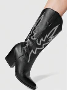 ROMWE Fairycore 女式不对称亮片刺绣西部牛仔靴，真皮中筒靴，适合春秋季节