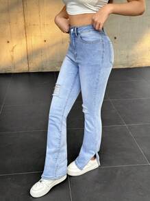 SHEIN EZwear 女式纯色前扣口袋破洞休闲牛仔裤 - 淺色水洗藍 - 查看 5