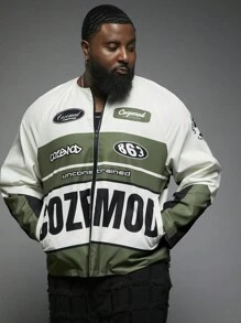 Manfinity VCAY Plus Size Men Woven Printed Letter Stylish Streetwear Long Sleeve Racing Jacket