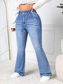 SHEIN PETITE CURVE Plus Size Women Blue Denim Flare Pants