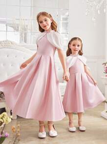 SHEIN Đầm dệt kim dáng chữ A cổ đứng phối màu tương phản cho bé gái, thích hợp cho kỳ nghỉ gia đình, dễ thương, thanh lịch và thời trang, dự tiệc, sinh nhật, công chúa xinh đẹp, mẹ và con gái, chị em gái mặc đồ đôi. Mùa xuân hè. - Hồng - Xem 6