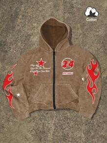 Manfinity Roghcode 男士休闲水洗标语印花拉链连帽衫，秋冬款 - 咖啡棕 - 查看 1