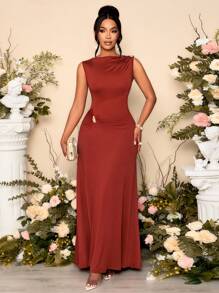 SOLERSUN Women's Fashionable Elegant Asymmetric Neckline Ruched Side Long Dress - Brown - View 8