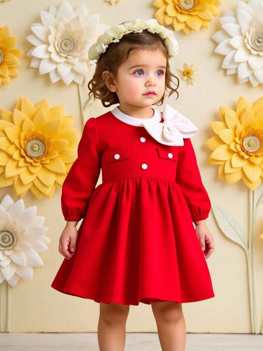 女婴优雅红色连衣裙，配有白色领子和蝴蝶结，适合秋冬时尚服装