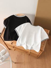 SHEIN 2pcs/Set Young Boys Black Round Neck Comfortable Casual Street Fashion Moon Print T-Shirts, Spring/Summer - Multicolor - View 2