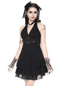 ROMWE Goth Vestido mini con borde con volantes, bordado con lentejuelas y diseño floral con tótem en negro