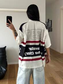 StreetHx Áo sơ mi ngắn tay in họa tiết tiếng Anh thời trang dạo phố mùa hè dành cho nữ - Màu be - Xem 2