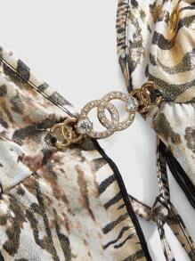 ROMWE Hippie Y2K Hippie Leopard Print Gold Foil Inverted Triangle Hem Crop Top