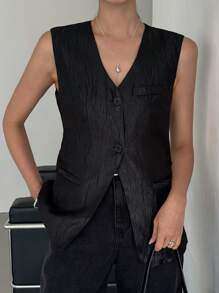 DAZY Women's Slit Waist Fitted Blazer Vest Business Attire Western Outfits For Women - Black - View 4