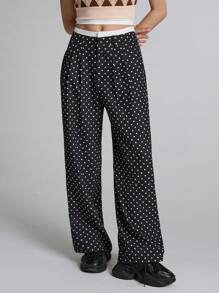 Easelle Pantalón casual de trabajo de las mujeres con vestido plisado a lunares, negro