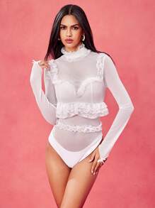 Reminiscence Studio Body de manga larga con cuello alto, con transparencias de malla blanca, adornos de encaje y volantes, con ojales para los dedos, diseño Y2K, para festivales y raves, conjunto de dos piezas para mujer, ropa de mujer en tallas petite - Blanco - Ver 8