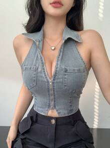 DAZY 女式夏季无袖围脖领前拉链牛仔背心上衣 - 淺色水洗藍 - 查看 1