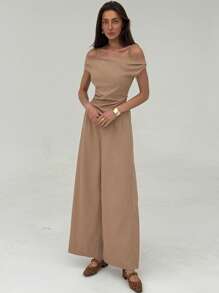 Aloruh Khaki Simple Office Lady Off Shoulder Ruched Blouse + Regular Ruched Wide-Leg Pants Set