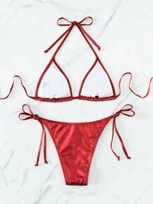 Swim Vcay 女士纯色露背比基尼上衣和系带侧边比基尼泳装套装，夏季海滩度假 - 紅色 - 查看 2