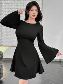 Modelyn Women's Solid Color Back Tie Hollow Out Casual Mini Dress, Simple Design - Black - View 2