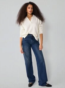 Athîral Suéter minimalista de cuello en V de unicolor y manga larga para mujer, casual para uso diario
