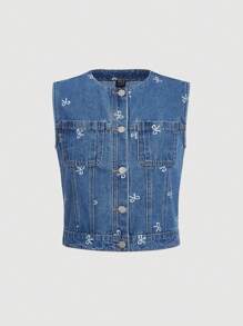 SHEIN MOD Women Denim Sleeveless Fitted Casual Vest, Blue - Medium Wash - View 1