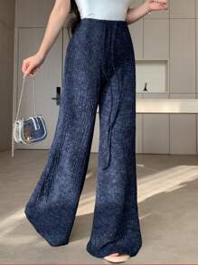 DAZY 女士抽绳腰宽松休闲直筒裤女装秋季正装裤子 - 藍色 - 查看 5