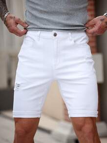 Manfinity Homme 男式修身白色破洞牛仔短裤 - 白色 - 查看 3