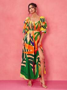BELANGE HANDMADE Designer Boho Bohemian Multicolor Print Shirred Bodice Tiered Ruffle Sleeves Slit Maxi Sun Dress, Summer Vacation, Festival, Tropical, Beach, For Women, Concert, Elegant, Concert Outfit, Ibiza Fits, Prom Dress Wedding Rave Outfit