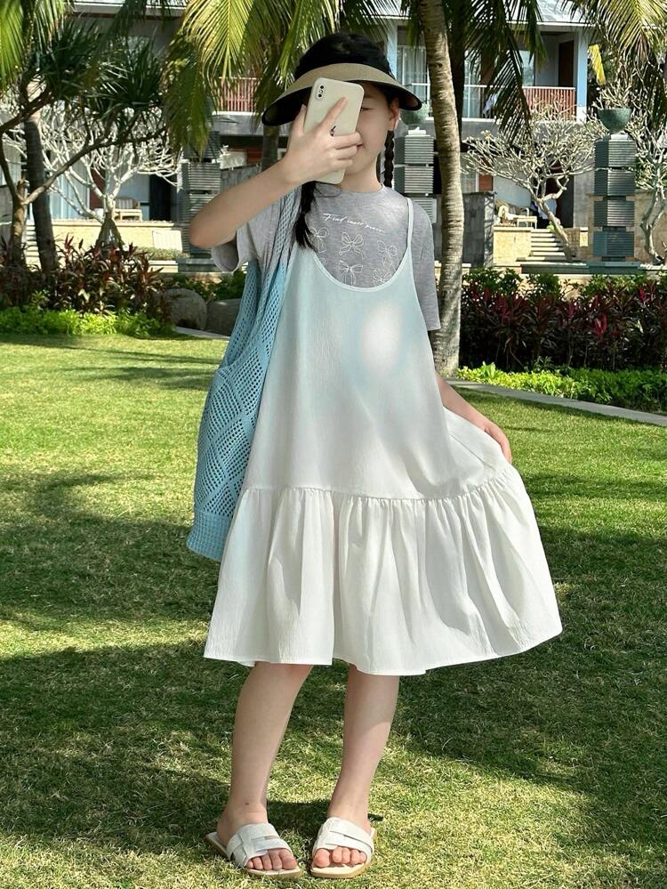 Tween Girls Vacation Casual Solid Color Camisole Dress With Bow Print Short Sleeve Top 2pcs Set,Girls Summer Outfits,Back To School Clothes