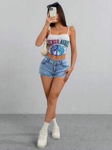 SHEIN EZwear Quần Jeans Denim Ôm Dáng Đơn Giản Có Túi Cài Nút Phía Trước Cho Nữ - Rửa trung bình - Xem 2