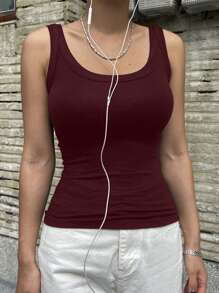 DAZY Áo ba lỗ màu trơn cho nữ, thời trang tối giản, mặc hàng ngày - Màu Đỏ Sâu - Xem 4