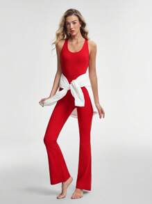 Lifespree Dames effen kleur rugloze mouwloze aansluitende sportjumpsuit