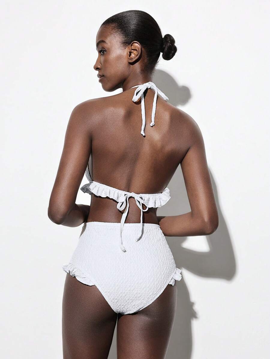 Maija Women's Ruffled Textured Fabric Halter Tie Bikini Set, For Beach & Vacation - White - View 1