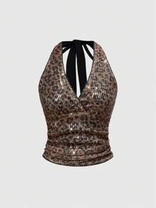 ROMWE Grunge Punk 音乐节亮片Y2K豹纹印花全印花女式露背上衣