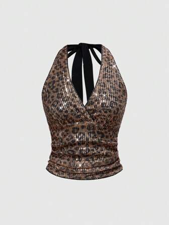 Grunge Punk Chaleco de mujer con estampado full print de leopardo con lentejuelas, estilo Y2K, para festival de música