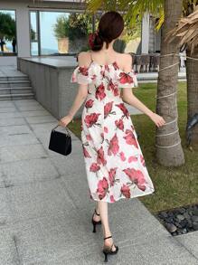 DAZY Đầm midi nữ thanh lịch in hoa, hở vai, xếp ly, thích hợp cho kỳ nghỉ. - Màu be - Xem 2