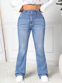 SHEIN PETITE CURVE Plus Size Women Blue Denim Flare Pants