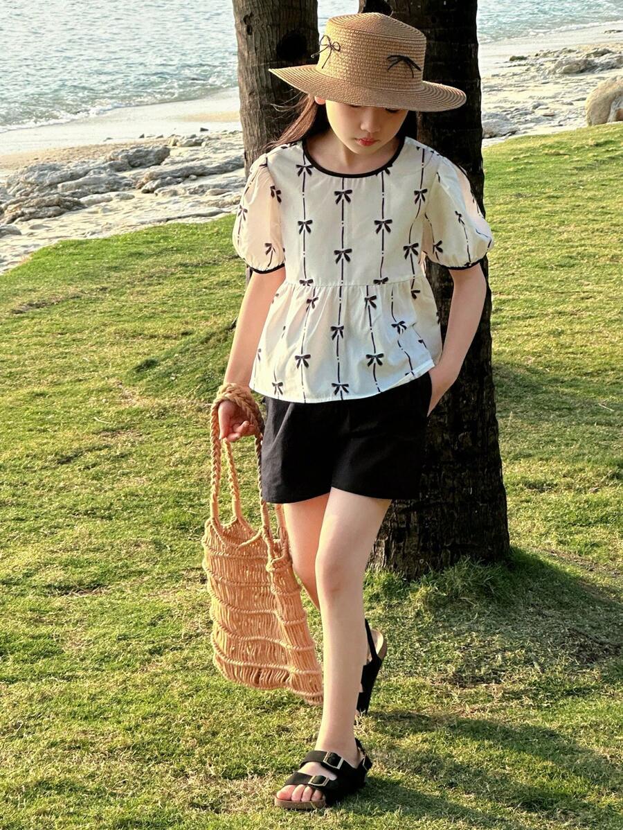 Dazy Kids 2pcs/Set Tween Girl Striped Bow Print Puff Sleeve Top And Shorts Set Vacation - White - View 1