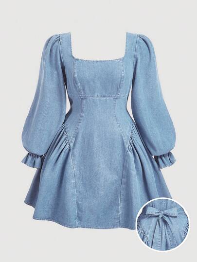 SHEIN MOD Plus Size Denim Mini Dress, Sweet Tea-Length Long Sleeve Dress, Thanksgiving Women Outfit,Elegant Dress,Elegant Women Dresses,Fall Women Clothes Dress,Blue Homecoming Dress,Princess Women Dress