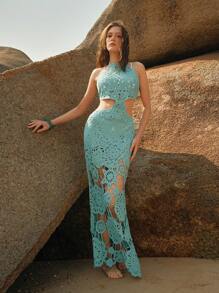 Anewsta 性感度假优雅镂空花卉钩针露背透明无袖夏季女士沙滩罩衫