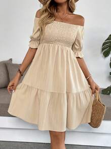 Breezaya Women's Minimalist Off-Shoulder Short Sleeve Dress - Khaki - View 1