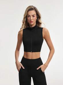 Gameset SHEIN Sport Chaqueta casual de verano sin mangas con cremallera de unicolor para mujer - Negro - Ver 7