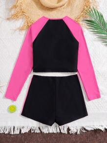 SHEIN Ensemble de maillot de bain ajusté à manches raglan en bloc de couleur rose et noir, adapté pour l'été à la plage, pour les adolescentes