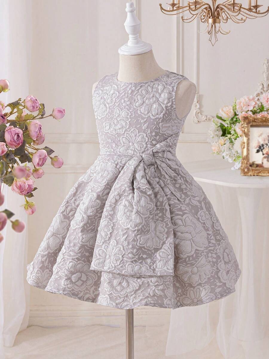 SHEIN Glamorique Kids Young Girl' Woven Jacquard Big Bow Decorated Slip Dress, Spring/Summer - Light Grey - View 1