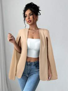 SHEIN Privé Women Front Open Casual Poncho Coat, Solid Color - Apricot - View 7