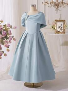 SHEIN Tween Girl Asymmetrical Neckline Short Sleeve Rhinestone Decor Elegant Dress - Green - View 3