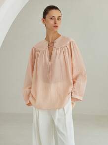 Aveloria Modichic Elegant Chiffon Textured Sheer Sexy Drawstring V-Neck Loose Long Sleeve Shirt For Women, Pink