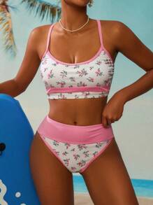 Swim Mod Women's Ditsy Floral Color Block Top And Bottom Swimwear Bikini Set, For Summer Beach Vacation - Multicolor - View 3