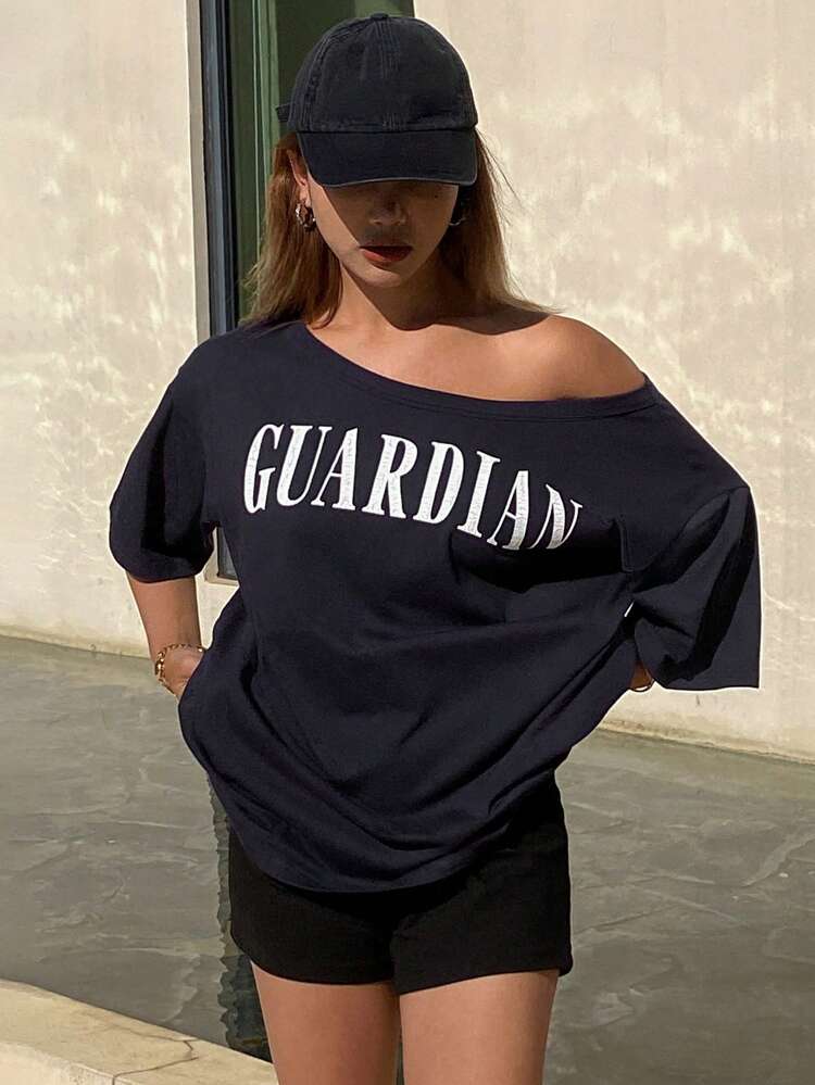 Women Oblique Shoulder Letter Print Loose Short Sleeve T-Shirt