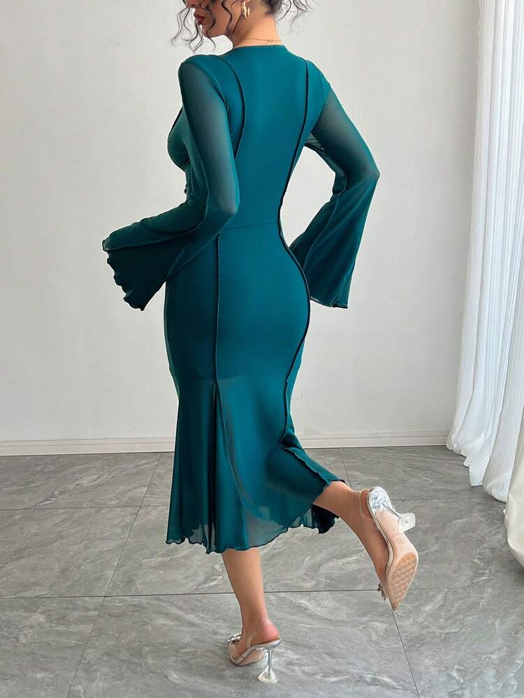 Stylish Patchwork Fish Tail Hem Women Fall Dress Prom Dress Elegant,Ruffle Long Sleeve Dress