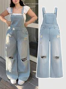 SHEIN MOD Plus Size Summer Spring Casual Ripped Denim Overalls, Spring Y2K Outfit
