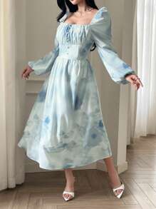 DAZY Square Neck Floral Print Waist Belt Midi Dress For Women,Dress For Wedding,Fall Dress Long Sleeve Dress - Blue - View 7